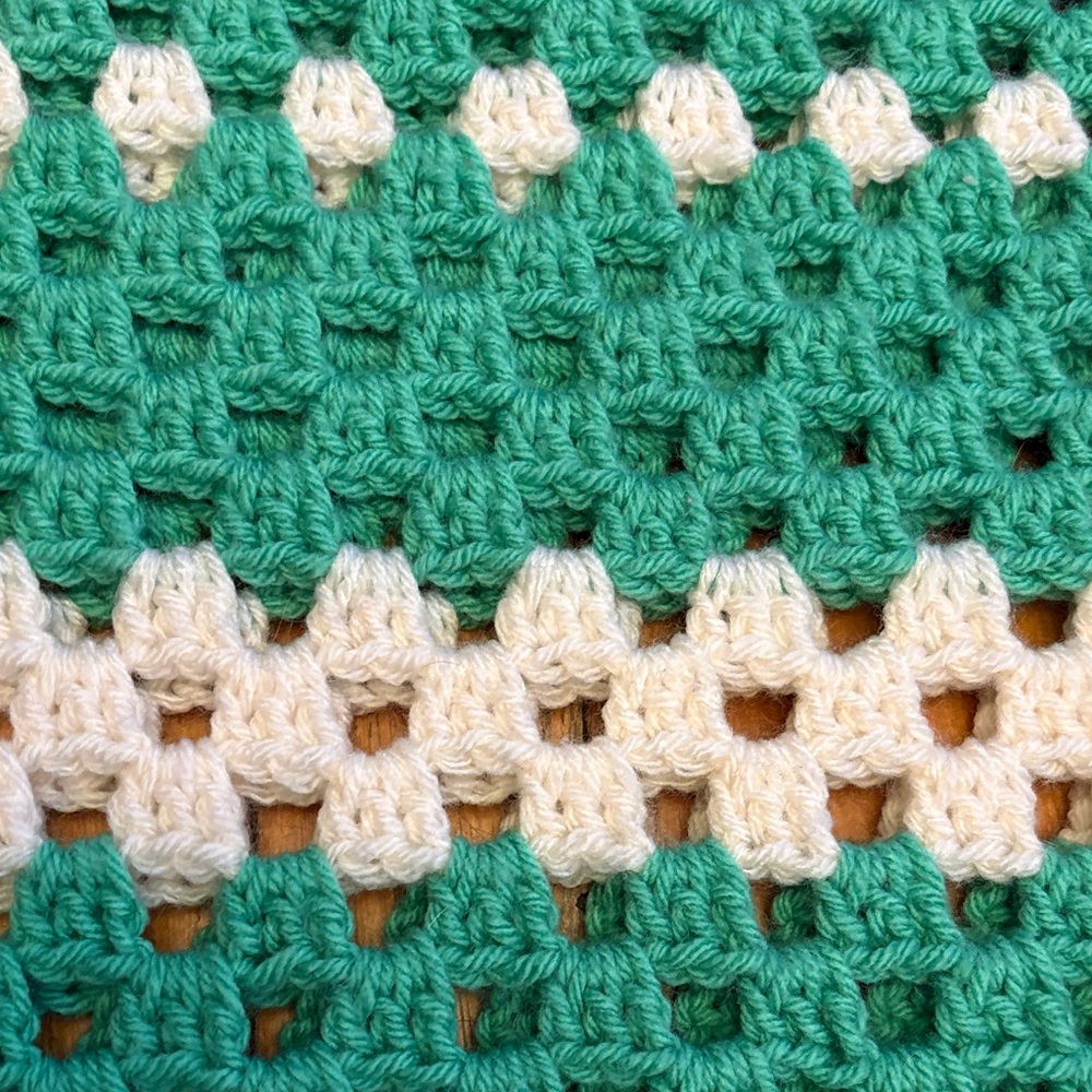 Hand Crafted Green and White Crochet Scoop-Neck Sweater - Large to Extra Large - Picture 8 of 8
